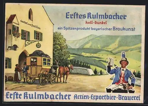 AK Reklame d. Erste Kulmbacher Actien-Exportbier-Brauerei f. Erstes Kulmbacher, Postkutsche hält vorm Gasthaus