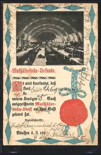 AK München, Innenansicht des Gasthauses Mathäserbräu, Trinker-Urkunde mit geprägtem Siegel