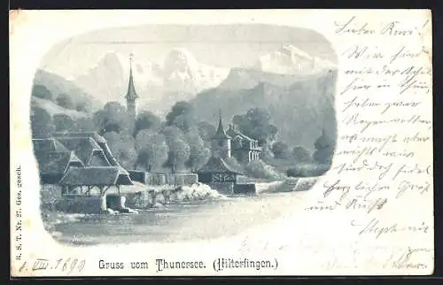 Künstler-AK Hilterfingen, Ortsansicht vom Thunersee aus