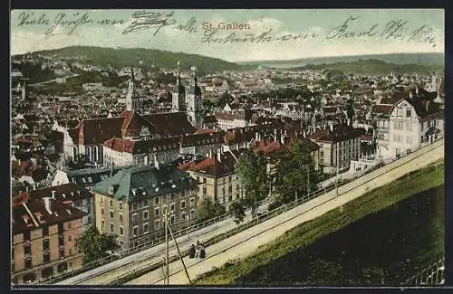 AK St. Gallen, Teilansicht mit Strasse und Fernblick aus der Vogelschau