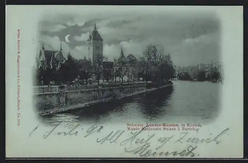 Mondschein-AK Zürich, Landesmuseum, Panorama vom Wasser aus