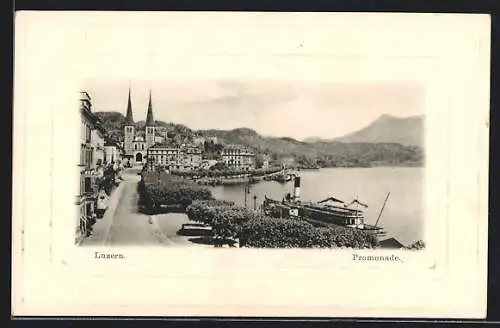 AK Luzern, Promenade, Dampfer am Anleger, Blick zur Kirche