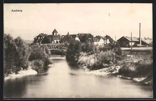 AK Aarberg, Flusspartie mit Brücke und Ortspanorama