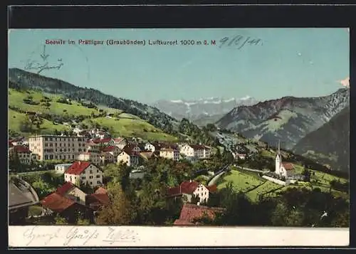 AK Seewis, Ortsansicht mit Hotel Kurhaus Seewis aus der Vogelschau