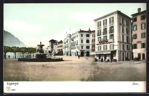 AK Lugano, Quai mit Hotel Walter und Brunnen