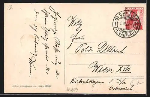 AK St. Gallen, Strassenpartie mit Strassebahn aus der Vogelschau