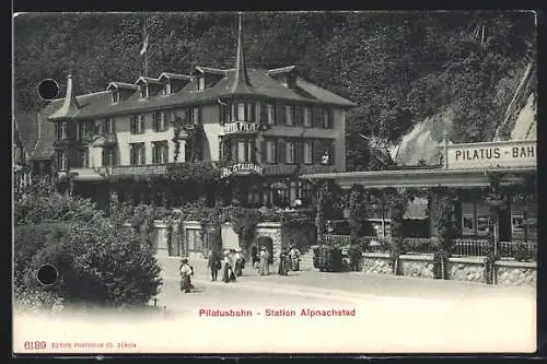 AK Alpnachstad, Bahnhof der Pilatusbahn und Hotel & Pension Pilatus