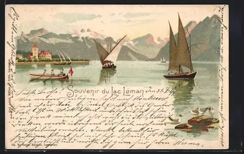Lithographie Lac Léman, Ortspartie am Wasser mit Seegelbooten