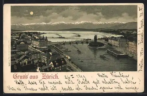Lithographie Zürich, Blick auf den See