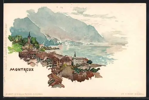 Künstler-AK Fritz Voellmy: Montreux, Totalansicht mit Kirche und Seeblick