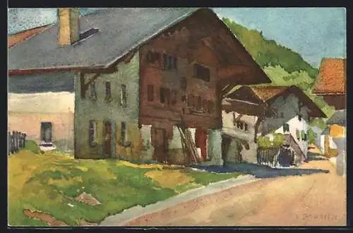Künstler-AK Huémoz, Strassenpartie im Sonnenschein