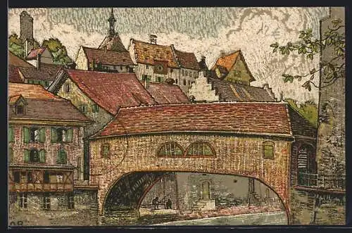 Künstler-AK Baden, Motiv der gedeckten Brücke