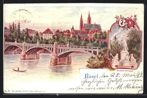 Lithographie Basel, Ortsansicht mit Brücke, St. Jakob-Denkmal