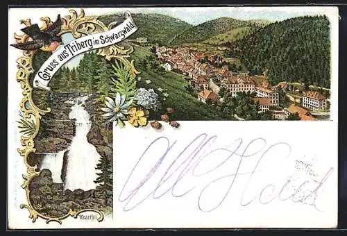 Lithographie Triberg, Ortsansicht von oben, Wasserfall