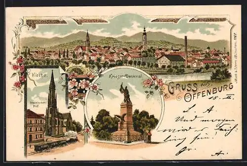 Lithographie Offenburg, Gesamtansicht, Kirche, Kriegerdenkmal