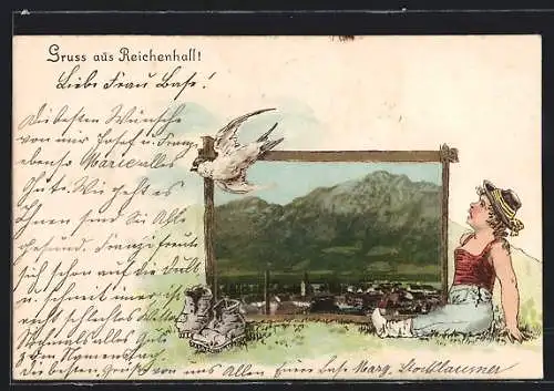 Passepartout-Lithographie Reichenhall, Ortsansicht mit Bergpanorama, Kleiner Wanderer, Schwalbe
