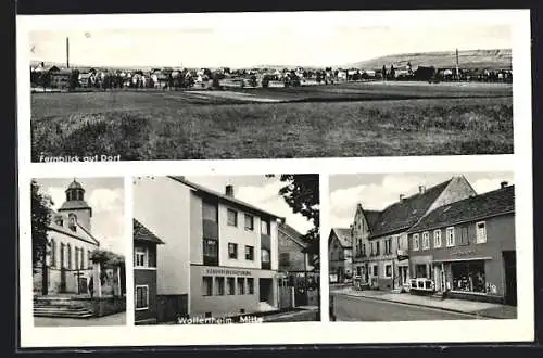 AK Wallertheim, Genosenschaftsbank, Strassenpartie mit Geschäftshaus F. Schick, Dorfpanorama aus der Ferne