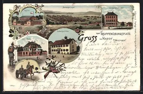 Lithographie Hardt bei Münsingen, Truppenübungsplatz, Ludwigs Höhe, Barackenlager, Casino