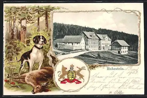 Passepartout-Lithographie Baiersbronn, Hotel Ruhestein mit Strasse, Jagdhund mit geschossenem Reh, Präge-Wappen