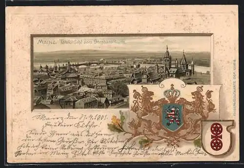 Passepartout-Lithographie Mainz, Totalansicht vom Stephansthurm mit Wappen