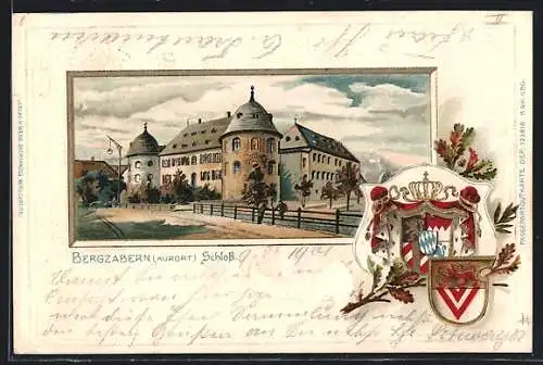 Passepartout-Lithographie Bergzabern, Blick auf das Schloss, Wappen