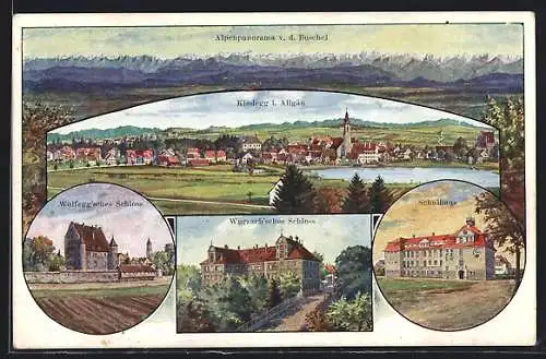Künstler-AK Kisslegg i. Allgäu, Alpenpanorama v. d. Buschel und Wolfegg`sches Schloss