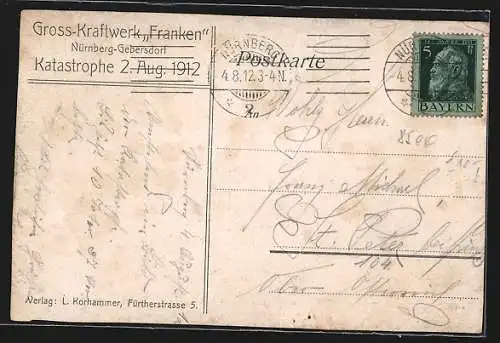 AK Nürnberg-Gebersdorf, Durch Unwetter zerstörtes Gross-Kraftwerk Franken, 2.8.1912