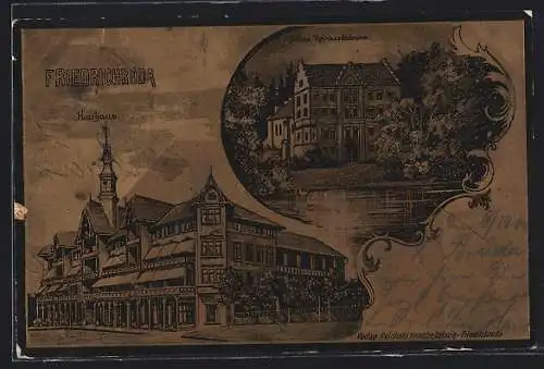 Metallfolie-AK Friedrichroda, Kurhaus mit Strasse, Schloss Reinhardtsbrunn, vom Wasser gesehen