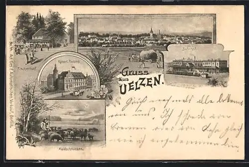 AK Uelzen, Kaiserl. Postamt, Fischerhof, Bahnhof, Gesamtansicht