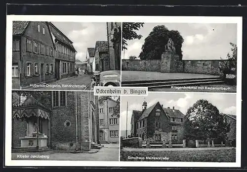 AK Ockenheim /Bingen, Hubertus-Drogerie J. Rech in der Bahnhofstrasse, Schulhaus Mainzerstrasse, Kriegerdenkmal