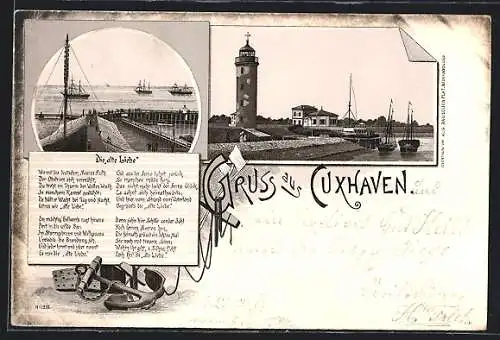 Lithographie Cuxhaven, Hafen mit Leuchtturm, Deich, Anker und Spruch Die alte Liebe