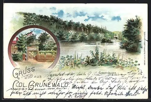Lithographie Berlin-Grunewald, Col. Grunewald, Gasthaus St. Hubertus, Hubertus-See