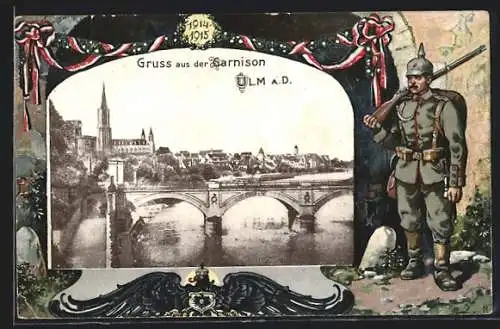 AK Ulm a. D., Panorama mit Kirche, Soldat mit Gewehr