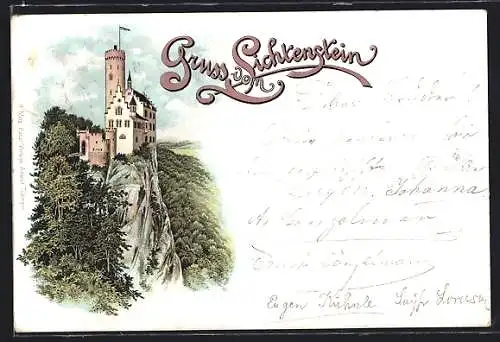 Lithographie Lichtenstein, Schloss, um 1900