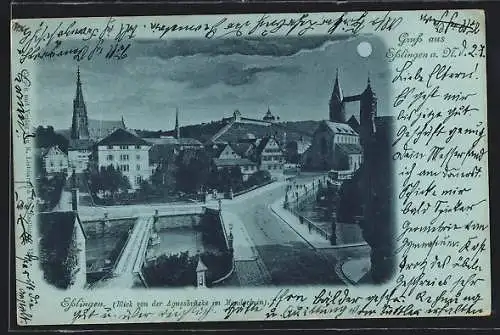 Mondschein-AK Esslingen a. N., Strassenpartie mit Kirche von der Agnesbrücke aus gesehen