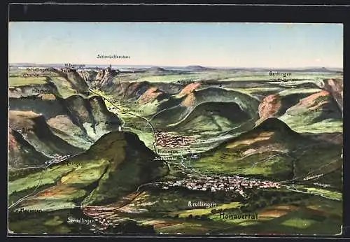 Künstler-AK Reutlingen, Gesamtansicht mit umliegenden Orten und Bergen aus der Vogelschau