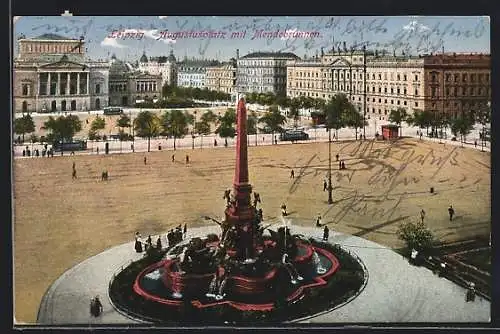 AK Leipzig, Augustusplatz mit Mendebrunnen aus der Vogelschau
