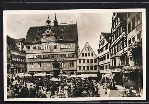 AK Tübingen, Marktplatz mit Geschäften und Brunnen