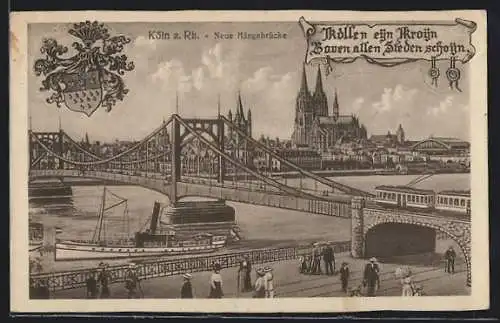 Künstler-AK Köln a. Rh., Neue Hängebrücke mit Strassenbahn, Im Hintergrund Dom