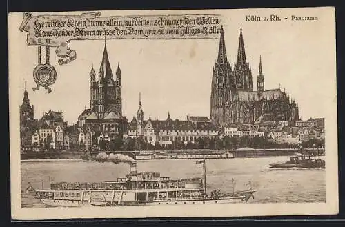 AK Köln a. Rh., Panorama mit Dom und Dampfer Overstolz