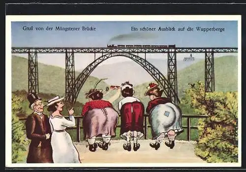 Künstler-AK Müngsten /Bergisch Land, Riesenbrücke mit Eisenbahn und Rückenansicht von drei Frauen, Wuppertaler Berge