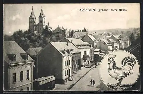 AK Arenberg, Genannt roter Hahn, Strassenpartie mit Restaurant und Kirche