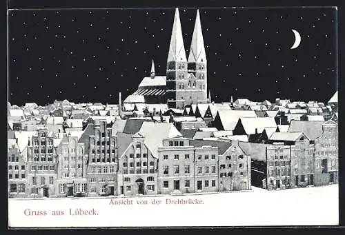 AK Lübeck, Ansich von der Drehbrücke bei Mondschein im Winter