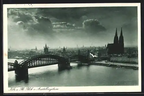 AK Köln a. Rh., Blick vom Ausstellungsturm mit Dom und Brücke