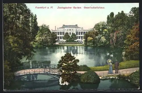 AK Frankfurt /Main, Zoologischer Garten, Wasserpartie mit Brücke