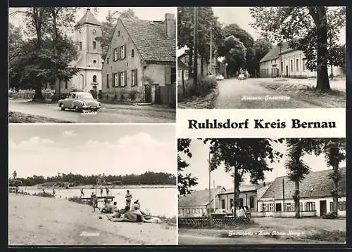 AK Ruhlsdorf /Kreis Bernau, Konsum-Gaststätte, Gasthaus Zum alten Krug, Kirche