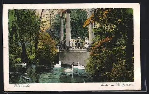 AK Karlsruhe, Partie im Stadtgarten mit Schwänen