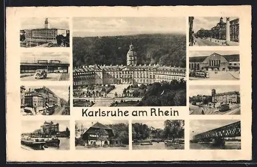 AK Karlsruhe am Rhein, Schloss, Denkmal, Strassenpartie mit Strassenbahn