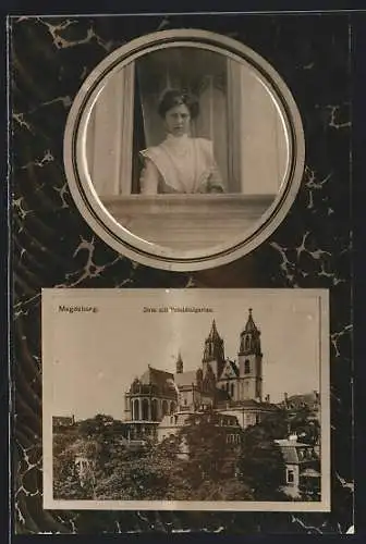 AK Magdeburg, Dom mit Präsidialgarten, Frau am Fenster