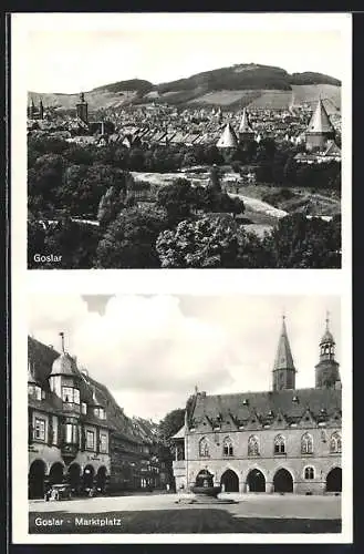 AK Goslar, Totalansicht mit Kirchen und Schloss, Marktplatz mit Brunnen